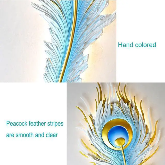 Alt view image 3 of 7 - Unique Wall Sconce Feather Wall Lamp LED Dimmable Wall Sconce Lighting Blue Elegant Peacock Feather Design Creative Wall Light Fixtures for Bedroom Living Dining Room Hallway Deco