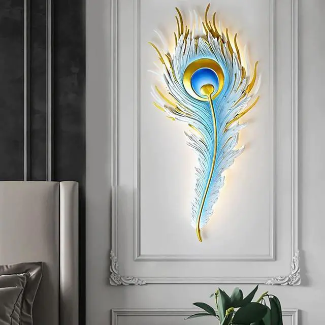 Alt view image 7 of 7 - Unique Wall Sconce Feather Wall Lamp LED Dimmable Wall Sconce Lighting Blue Elegant Peacock Feather Design Creative Wall Light Fixtures for Bedroom Living Dining Room Hallway Deco