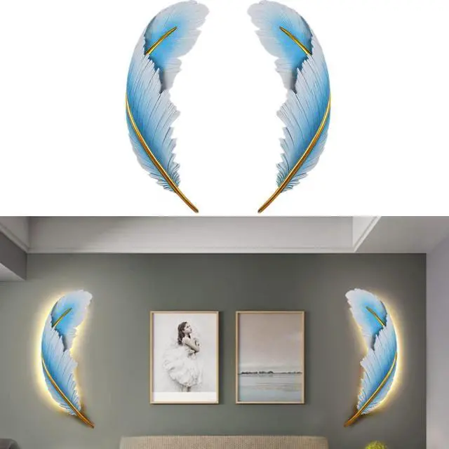 Main image of Dimmable Wall Lamp Set of 2 LED Wall Mount Light Fixtures Blue Feather Design Mid-Century Modern Feather Wall Lamp for Bedroom Living Dining Room Hallway