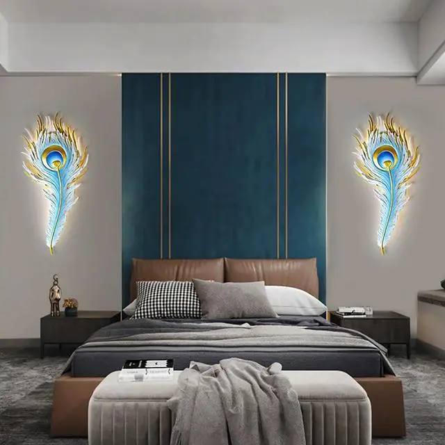 Alt view image 5 of 7 - Unique Wall Sconce Feather Wall Lamp LED Dimmable Wall Sconce Lighting Blue Elegant Peacock Feather Design Creative Wall Light Fixtures for Bedroom Living Dining Room Hallway Deco