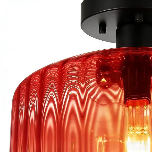 Alt view image 7 of 7 - Vintage Glass Ceiling Light Mid Century Semi Flush Mount Ceiling Light Fixture Red Striped Glass 1-Light Chandelier Antique Black Lighting Fixtures for Dining Room Hallway Bedroom