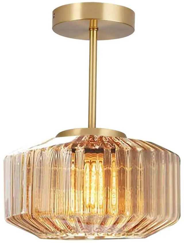 Main image of Gold Brass Ceiling Light Mid Century Modern Ceiling Light Fixtures with Amber Striped Glass Shade Glass Globe Ceiling Lamp Hallway Semi Flush Mount Lamp Dining Room LightFixture