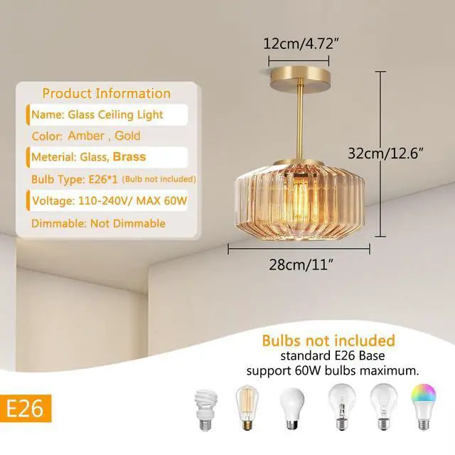 Alt view image 2 of 7 - Gold Brass Ceiling Light Mid Century Modern Ceiling Light Fixtures with Amber Striped Glass Shade Glass Globe Ceiling Lamp Hallway Semi Flush Mount Lamp Dining Room LightFixture