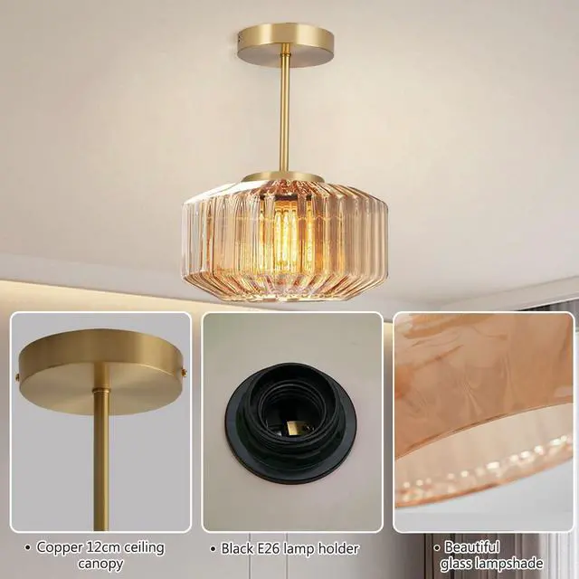 Alt view image 3 of 7 - Gold Brass Ceiling Light Mid Century Modern Ceiling Light Fixtures with Amber Striped Glass Shade Glass Globe Ceiling Lamp Hallway Semi Flush Mount Lamp Dining Room LightFixture