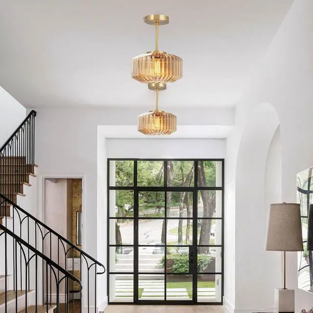 Alt view image 4 of 7 - Gold Brass Ceiling Light Mid Century Modern Ceiling Light Fixtures with Amber Striped Glass Shade Glass Globe Ceiling Lamp Hallway Semi Flush Mount Lamp Dining Room LightFixture