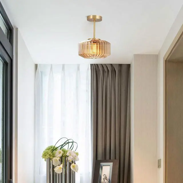Alt view image 5 of 7 - Gold Brass Ceiling Light Mid Century Modern Ceiling Light Fixtures with Amber Striped Glass Shade Glass Globe Ceiling Lamp Hallway Semi Flush Mount Lamp Dining Room LightFixture