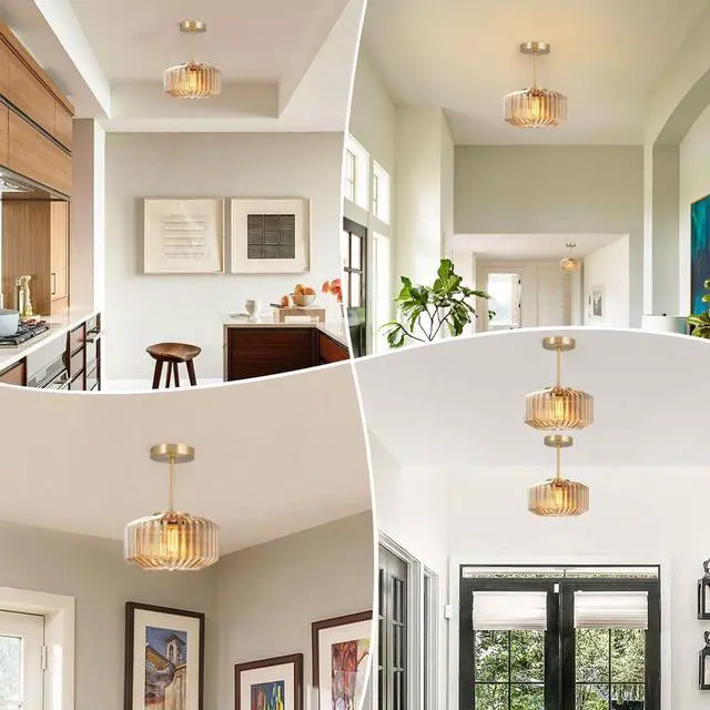 Alt view image 7 of 7 - Gold Brass Ceiling Light Mid Century Modern Ceiling Light Fixtures with Amber Striped Glass Shade Glass Globe Ceiling Lamp Hallway Semi Flush Mount Lamp Dining Room LightFixture