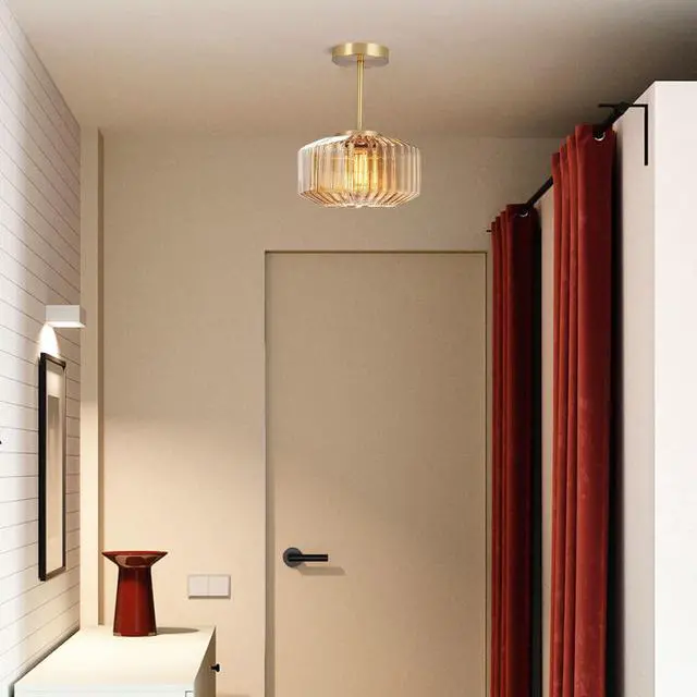 Alt view image 6 of 7 - Gold Brass Ceiling Light Mid Century Modern Ceiling Light Fixtures with Amber Striped Glass Shade Glass Globe Ceiling Lamp Hallway Semi Flush Mount Lamp Dining Room LightFixture