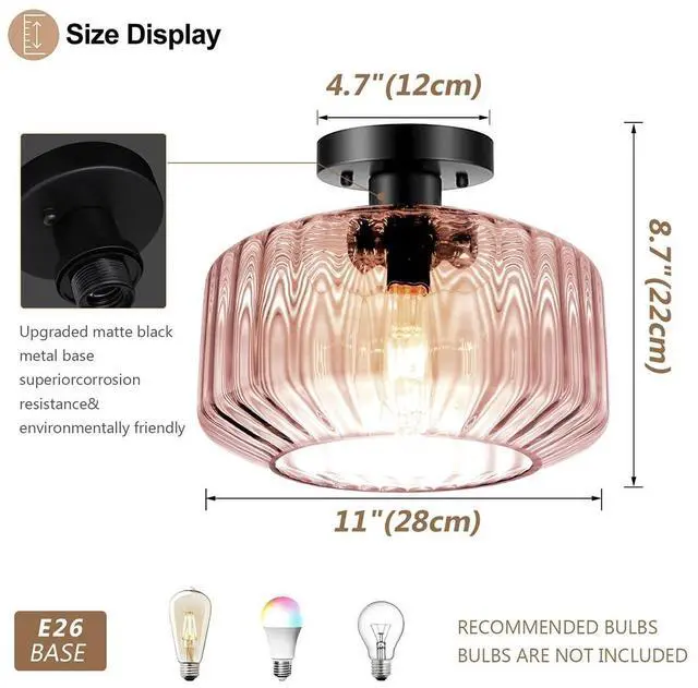 Alt view image 2 of 7 - Large Glass Ceiling Light Fixture Mid Century Flush Mount Ceiling Lights Pink Striped Glass Shade Dome Design Modern Close to Light Hallway Vintage Semi Flush Mount Pendant Lights