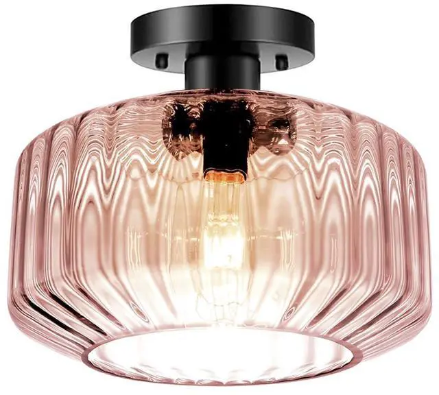 Main image of Large Glass Ceiling Light Fixture Mid Century Flush Mount Ceiling Lights Pink Striped Glass Shade Dome Design Modern Close to Light Hallway Vintage Semi Flush Mount Pendant Lights