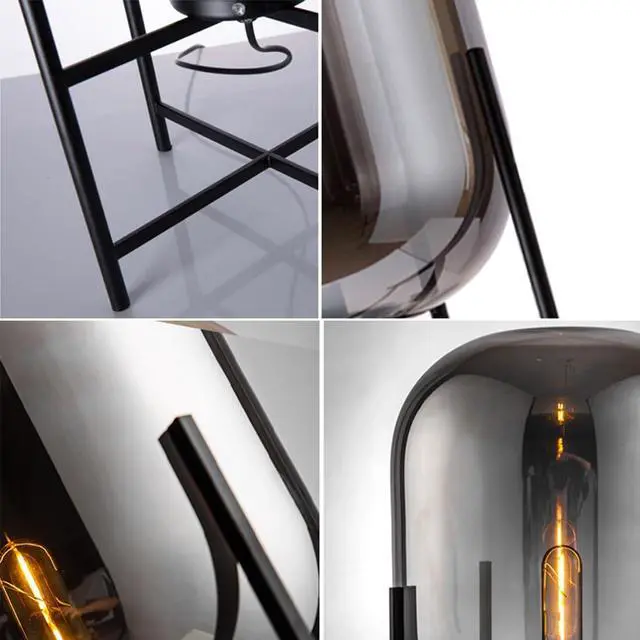 Alt view image 7 of 7 - Black Table lamp Glass Globe Table Lamps Mid Century Modern Table Light with Smoked Gray Glass Shade Metal Base Vintage Desk Lamp Nightstand Lamp for end Table Bedside Bedroom