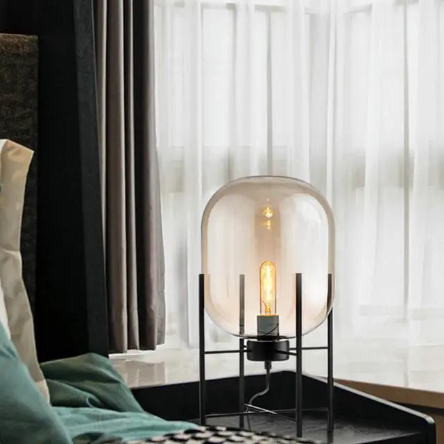Alt view image 3 of 7 - Large Glass Table Lamp Glass Round Bedside Lamps with Amber Globe Shade mid Century Modern Nightstand Table Lamp Black Reading Light for end Table Bedside Bedroom Living Room