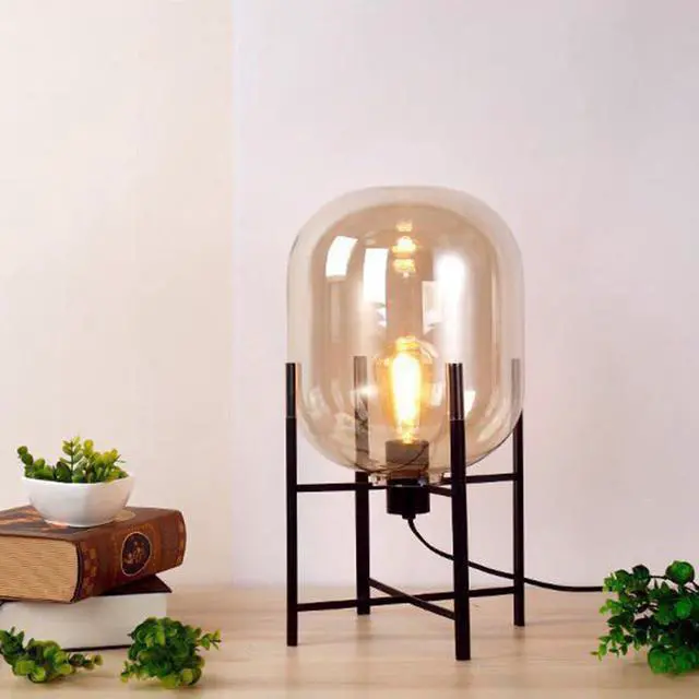 Alt view image 4 of 7 - Large Glass Table Lamp Glass Round Bedside Lamps with Amber Globe Shade mid Century Modern Nightstand Table Lamp Black Reading Light for end Table Bedside Bedroom Living Room