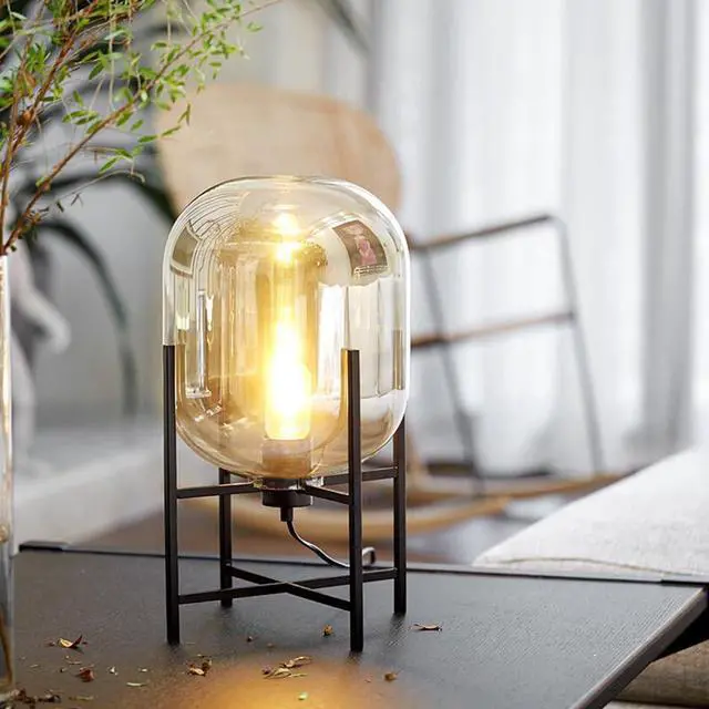 Alt view image 5 of 7 - Large Glass Table Lamp Glass Round Bedside Lamps with Amber Globe Shade mid Century Modern Nightstand Table Lamp Black Reading Light for end Table Bedside Bedroom Living Room