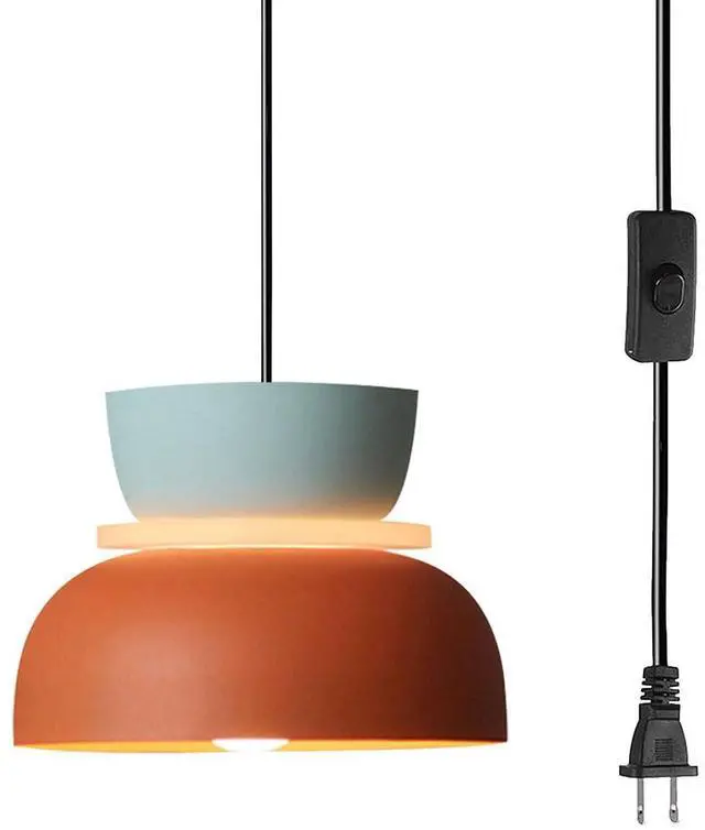 Main image of Plug in Ceiling Pendant Light Macaron Pendant Lights with 14.7 ft Plug-in Cord On/Off Switch, Nordic Modern Light Fixture Barn Shade Colorful Chandelier for Kitchen Island (Blue/Orange)