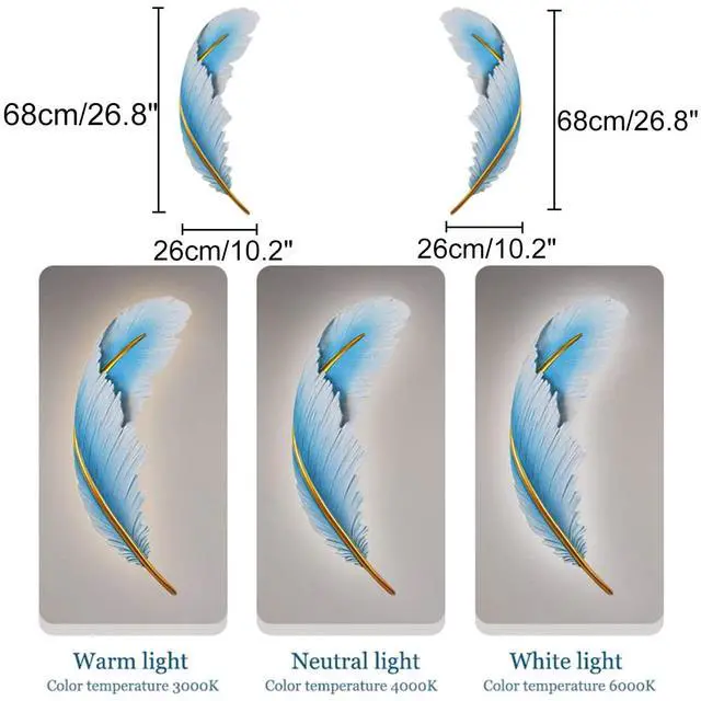 Alt view image 2 of 7 - Dimmable Wall Lamp Set of 2 LED Wall Mount Light Fixtures Blue Feather Design Mid-Century Modern Feather Wall Lamp for Bedroom Living Dining Room Hallway