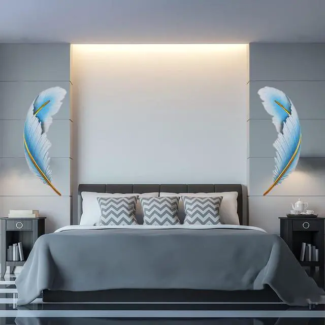 Alt view image 3 of 7 - Dimmable Wall Lamp Set of 2 LED Wall Mount Light Fixtures Blue Feather Design Mid-Century Modern Feather Wall Lamp for Bedroom Living Dining Room Hallway