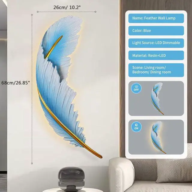 Alt view image 2 of 7 - LED Wall Lamp Dimmable Wall Sconce Lights Fixtures Blue Feather Sconce Light 3000K-6000K Modern Feather Lamp Elegant Wall Mount Lamp Resin Deco Lighting for Bedroom Living Dining Room