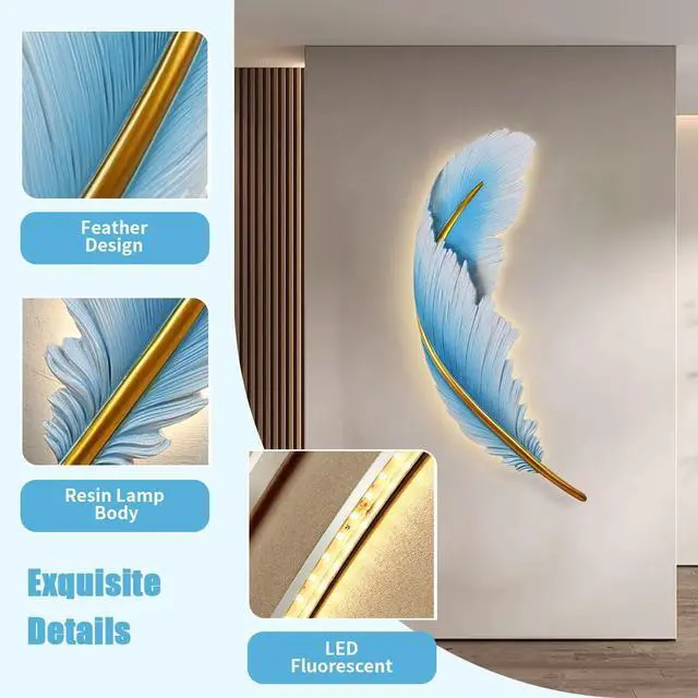 Alt view image 3 of 7 - LED Wall Lamp Dimmable Wall Sconce Lights Fixtures Blue Feather Sconce Light 3000K-6000K Modern Feather Lamp Elegant Wall Mount Lamp Resin Deco Lighting for Bedroom Living Dining Room