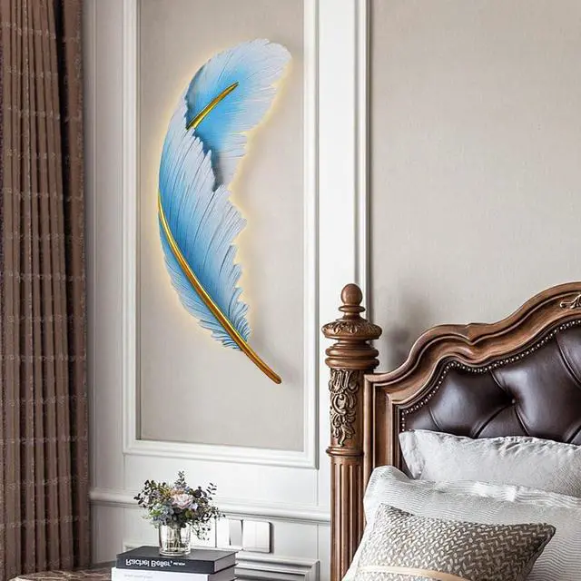 Alt view image 7 of 7 - LED Wall Lamp Dimmable Wall Sconce Lights Fixtures Blue Feather Sconce Light 3000K-6000K Modern Feather Lamp Elegant Wall Mount Lamp Resin Deco Lighting for Bedroom Living Dining Room