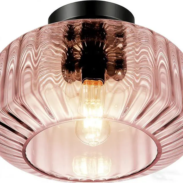 Alt view image 3 of 7 - Large Glass Ceiling Light Fixture Mid Century Flush Mount Ceiling Lights Pink Striped Glass Shade Dome Design Modern Close to Light Hallway Vintage Semi Flush Mount Pendant Lights