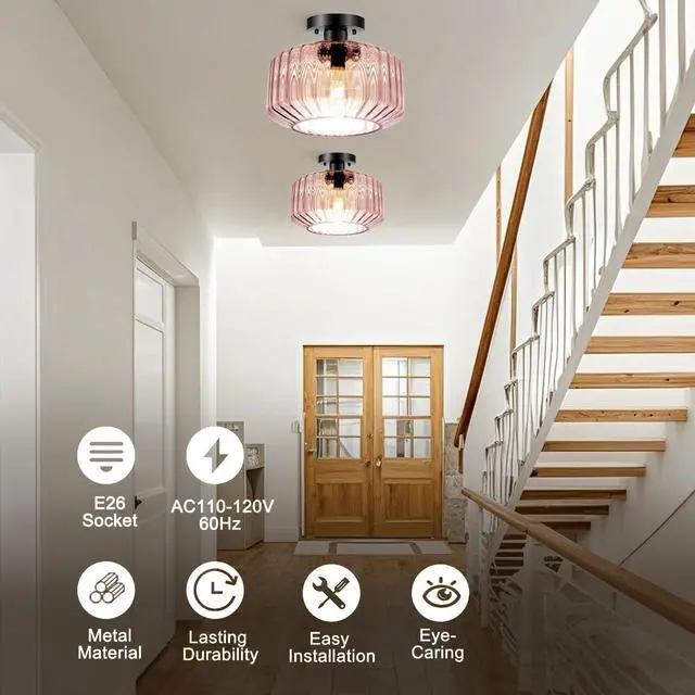 Alt view image 4 of 7 - Large Glass Ceiling Light Fixture Mid Century Flush Mount Ceiling Lights Pink Striped Glass Shade Dome Design Modern Close to Light Hallway Vintage Semi Flush Mount Pendant Lights