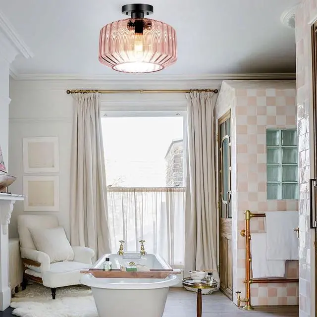 Alt view image 5 of 7 - Large Glass Ceiling Light Fixture Mid Century Flush Mount Ceiling Lights Pink Striped Glass Shade Dome Design Modern Close to Light Hallway Vintage Semi Flush Mount Pendant Lights
