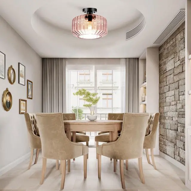 Alt view image 6 of 7 - Large Glass Ceiling Light Fixture Mid Century Flush Mount Ceiling Lights Pink Striped Glass Shade Dome Design Modern Close to Light Hallway Vintage Semi Flush Mount Pendant Lights