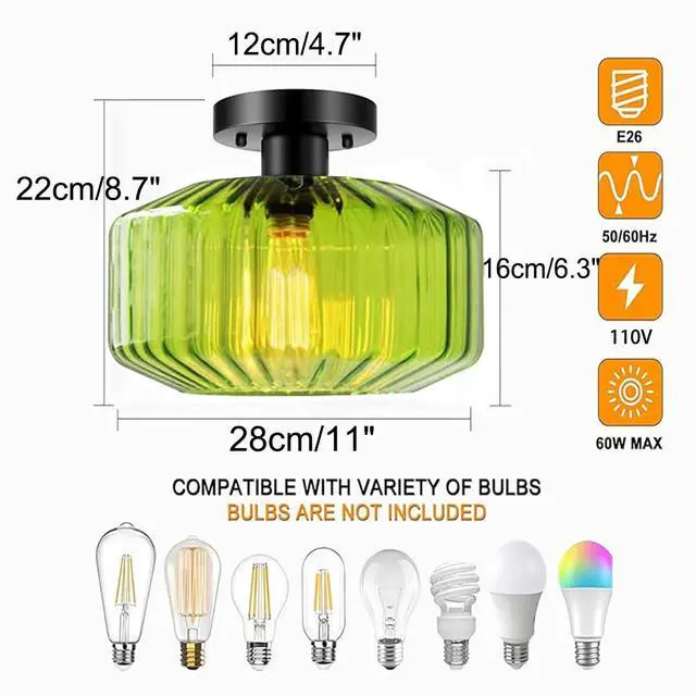 Alt view image 2 of 7 - Mid Century Flush Mount Ceiling Lights Green Glass Ceiling Light with Striped Glass Globe Shade Vintage Modern Semi Flush Mount Ceiling Light Green Light Fixture for Hallway