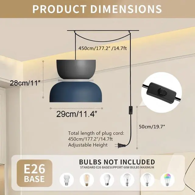 Alt view image 2 of 7 - Black Pendant Lamp Plug in Nordic Pendant Light Industrial Plug in Hanging Light with 14.7 ft Plug-in Cord On/Off Switch Macaron Barn Shade Modern Farmhouse Hanging Lamp Plug in Cord