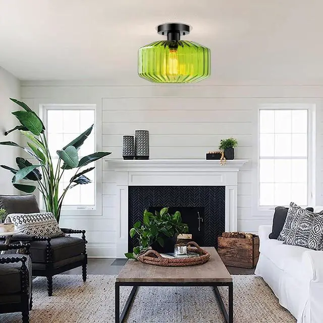 Alt view image 6 of 7 - Mid Century Flush Mount Ceiling Lights Green Glass Ceiling Light with Striped Glass Globe Shade Vintage Modern Semi Flush Mount Ceiling Light Green Light Fixture for Hallway