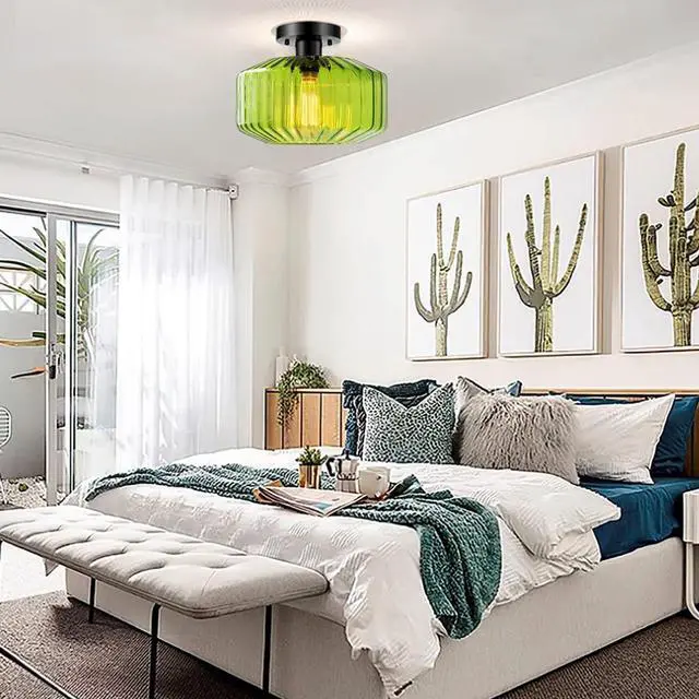 Alt view image 7 of 7 - Mid Century Flush Mount Ceiling Lights Green Glass Ceiling Light with Striped Glass Globe Shade Vintage Modern Semi Flush Mount Ceiling Light Green Light Fixture for Hallway