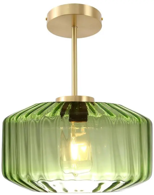 Main image of Mid Century Modern Green Ceiling Light Fixture, Vintage Glass Semi Flush Mount Ceiling Light Gold Brass Ceiling Lights with Green Drum Glass Shade for Hallway Bedroom Foyer Bedroom