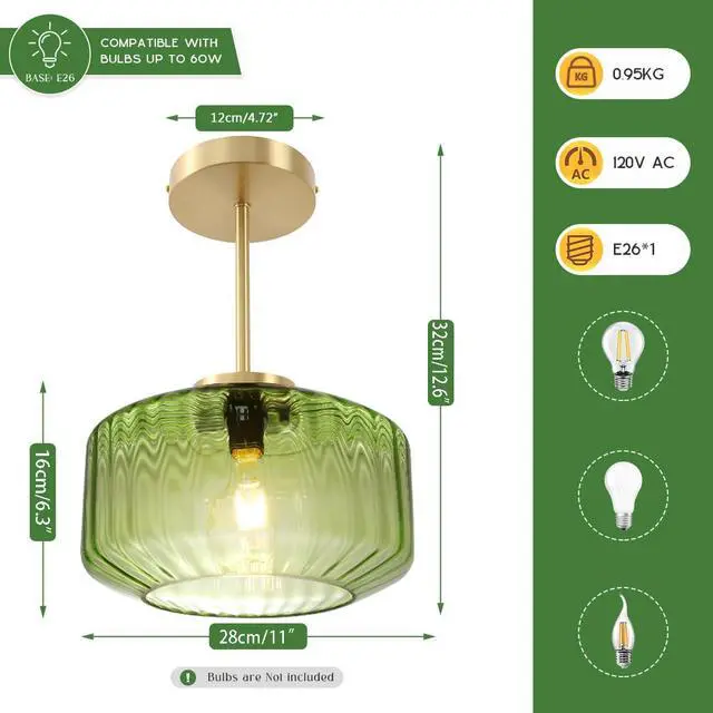 Alt view image 2 of 7 - Mid Century Modern Green Ceiling Light Fixture, Vintage Glass Semi Flush Mount Ceiling Light Gold Brass Ceiling Lights with Green Drum Glass Shade for Hallway Bedroom Foyer Bedroom