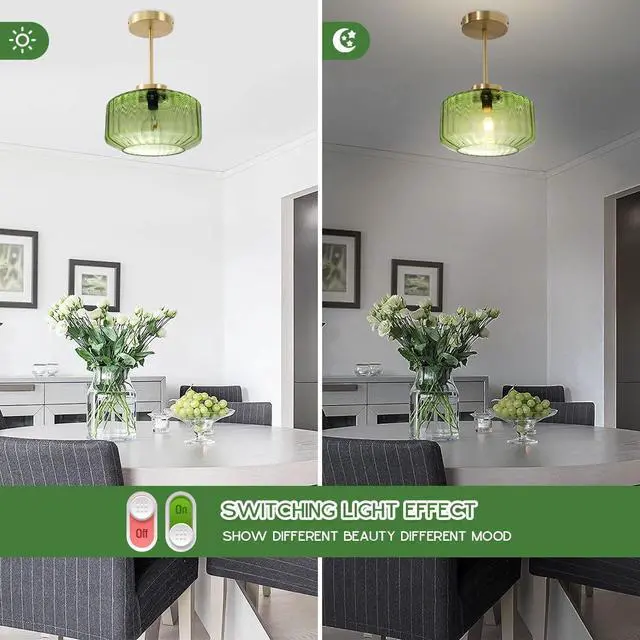 Alt view image 3 of 7 - Mid Century Modern Green Ceiling Light Fixture, Vintage Glass Semi Flush Mount Ceiling Light Gold Brass Ceiling Lights with Green Drum Glass Shade for Hallway Bedroom Foyer Bedroom
