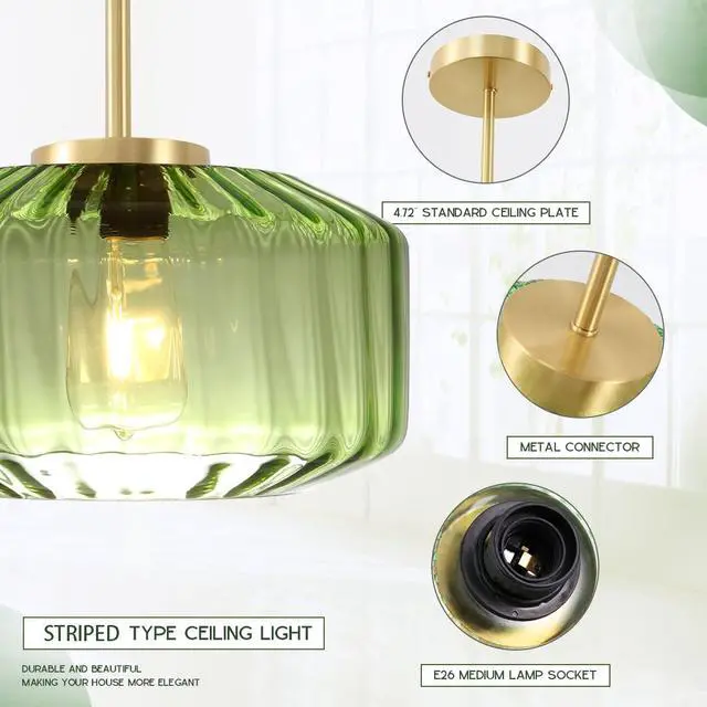 Alt view image 4 of 7 - Mid Century Modern Green Ceiling Light Fixture, Vintage Glass Semi Flush Mount Ceiling Light Gold Brass Ceiling Lights with Green Drum Glass Shade for Hallway Bedroom Foyer Bedroom