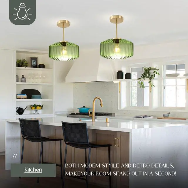 Alt view image 5 of 7 - Mid Century Modern Green Ceiling Light Fixture, Vintage Glass Semi Flush Mount Ceiling Light Gold Brass Ceiling Lights with Green Drum Glass Shade for Hallway Bedroom Foyer Bedroom