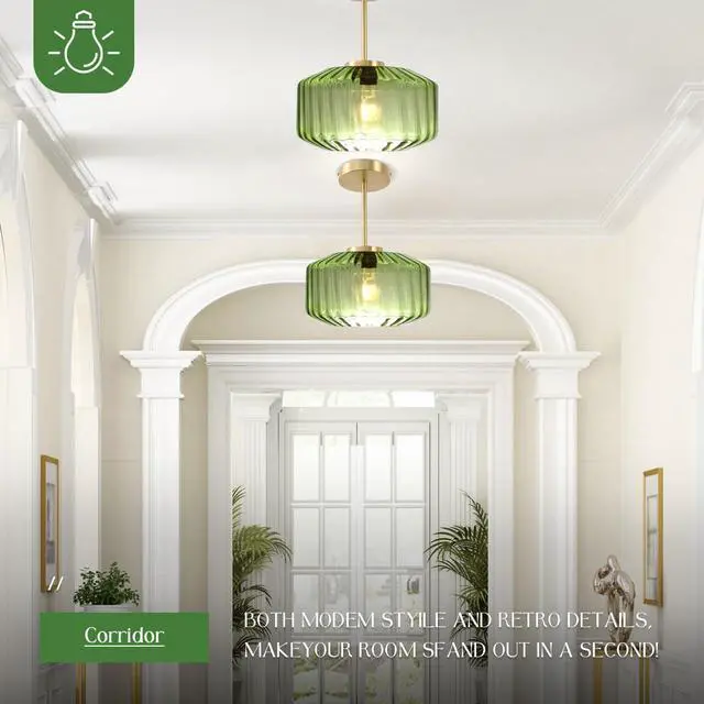 Alt view image 6 of 7 - Mid Century Modern Green Ceiling Light Fixture, Vintage Glass Semi Flush Mount Ceiling Light Gold Brass Ceiling Lights with Green Drum Glass Shade for Hallway Bedroom Foyer Bedroom