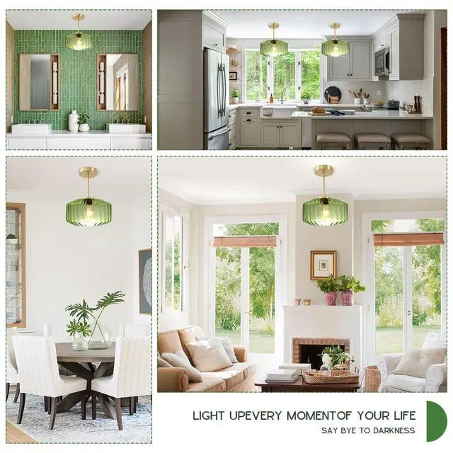 Alt view image 7 of 7 - Mid Century Modern Green Ceiling Light Fixture, Vintage Glass Semi Flush Mount Ceiling Light Gold Brass Ceiling Lights with Green Drum Glass Shade for Hallway Bedroom Foyer Bedroom