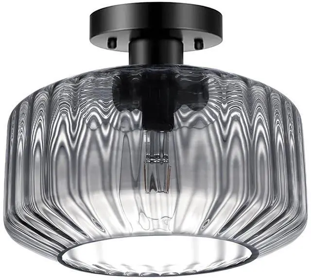 Main image of Hallway Close to Ceiling Light 11" Gray Glass Shade Vintage Flush Mount Light Fixture Black Metal Ceiling Lamp Striped Glass Semi Flush Mount Light for Bedroom Entryway Kitchen Sink