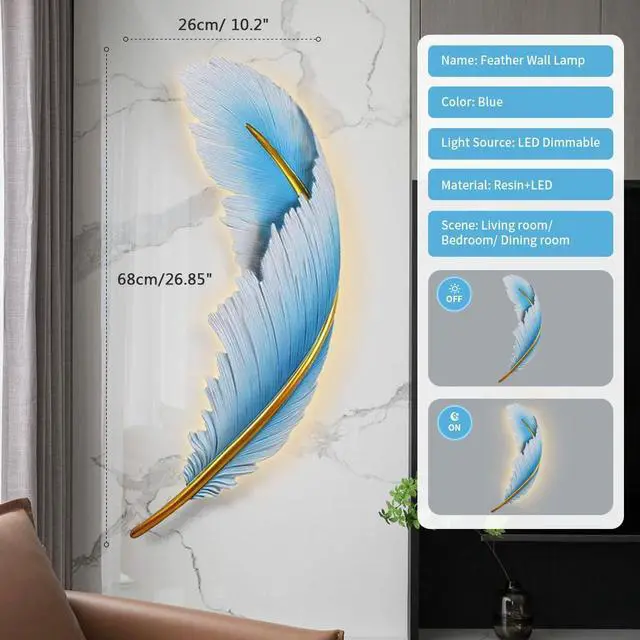 Alt view image 2 of 7 - Art Deco Wall Light Modern led Wall Light Sconce Blue Feather Design 3000k-6000k Mid-Century Wall Lights Feather lamp Dimmable Sconce for Bedroom Living Room Dining Room Hallway