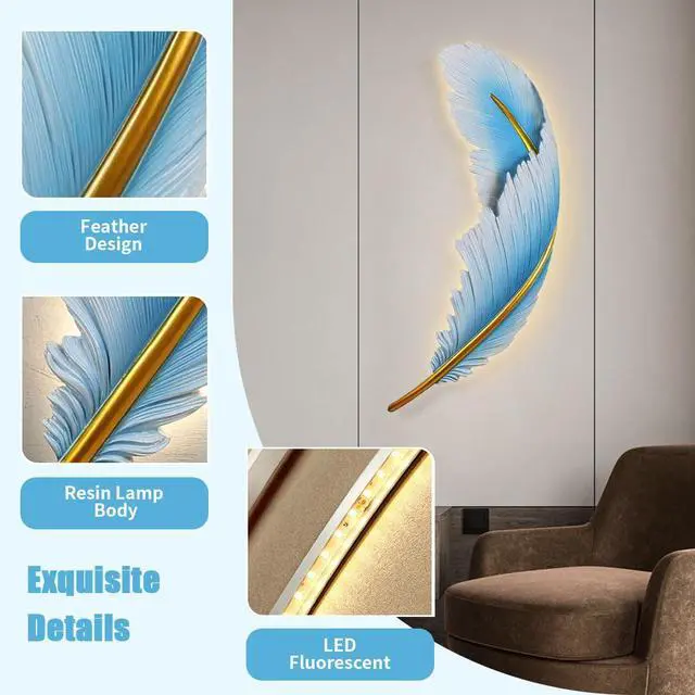 Alt view image 3 of 7 - Art Deco Wall Light Modern led Wall Light Sconce Blue Feather Design 3000k-6000k Mid-Century Wall Lights Feather lamp Dimmable Sconce for Bedroom Living Room Dining Room Hallway
