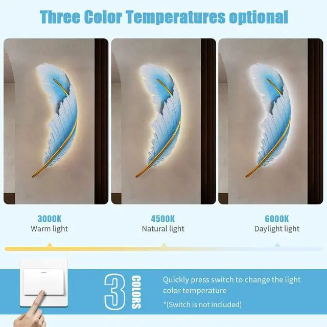 Alt view image 6 of 7 - Art Deco Wall Light Modern led Wall Light Sconce Blue Feather Design 3000k-6000k Mid-Century Wall Lights Feather lamp Dimmable Sconce for Bedroom Living Room Dining Room Hallway