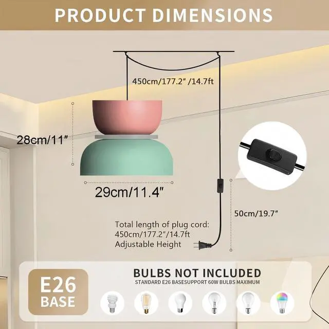 Alt view image 2 of 7 - Plug-in Pendant Light Macaron Color Hanging Lamp with 14.7ft Adjustable Cord Bowl Pink Blue Lamp Shade Modern Minimalist Ceiling Pendant Lighting Fixture Kitchen Bedroom Dining Room
