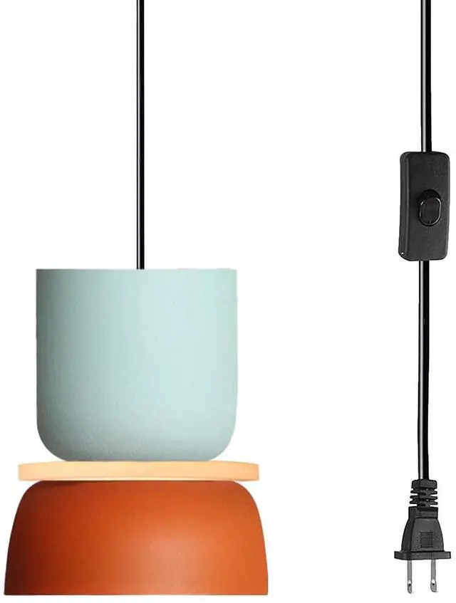 Main image of Macaron Ceiling Light with 14.7ft Plug-in Cord Plug in Pendant Light | Nordic Modern Hanging Light Fixture with cord On/Off Switch Colorful Barn Blue Orange Shade for Kitchen Island Dining room