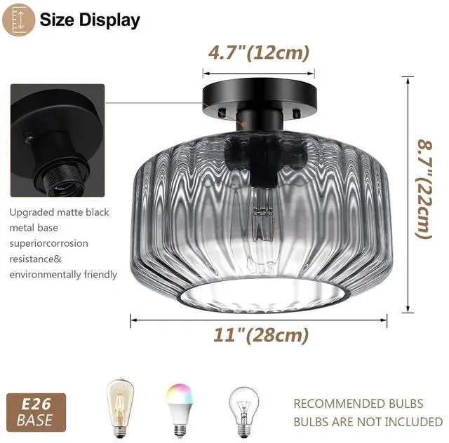 Alt view image 2 of 7 - Hallway Close to Ceiling Light 11" Gray Glass Shade Vintage Flush Mount Light Fixture Black Metal Ceiling Lamp Striped Glass Semi Flush Mount Light for Bedroom Entryway Kitchen Sink
