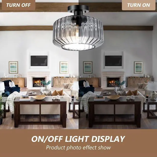 Alt view image 3 of 7 - Hallway Close to Ceiling Light 11" Gray Glass Shade Vintage Flush Mount Light Fixture Black Metal Ceiling Lamp Striped Glass Semi Flush Mount Light for Bedroom Entryway Kitchen Sink