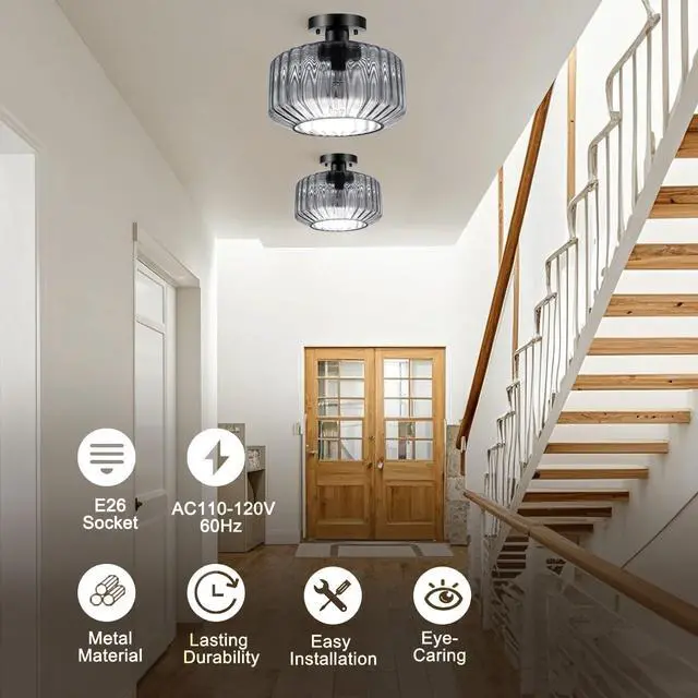 Alt view image 4 of 7 - Hallway Close to Ceiling Light 11" Gray Glass Shade Vintage Flush Mount Light Fixture Black Metal Ceiling Lamp Striped Glass Semi Flush Mount Light for Bedroom Entryway Kitchen Sink