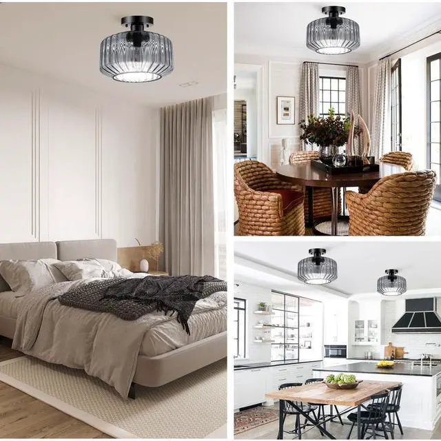 Alt view image 5 of 7 - Hallway Close to Ceiling Light 11" Gray Glass Shade Vintage Flush Mount Light Fixture Black Metal Ceiling Lamp Striped Glass Semi Flush Mount Light for Bedroom Entryway Kitchen Sink