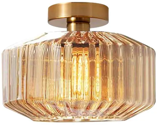 Main image of Vintage Flush Mount Ceiling Light, Gold Brass Hallway Light Fixture, Amber Striped Glass Flush Mount Light Fixtures,Large Glass Globe Ceiling Lamp for Entrance Bedroom Dining Room